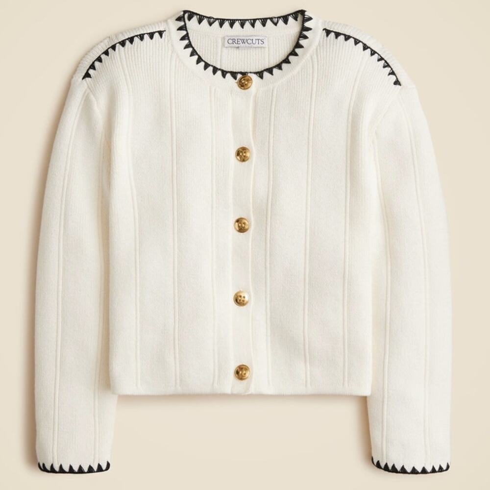 Crewcuts J.Crew Ribbed Cotton Cardigan Girls M Cream Black Rickrack Gold Button
